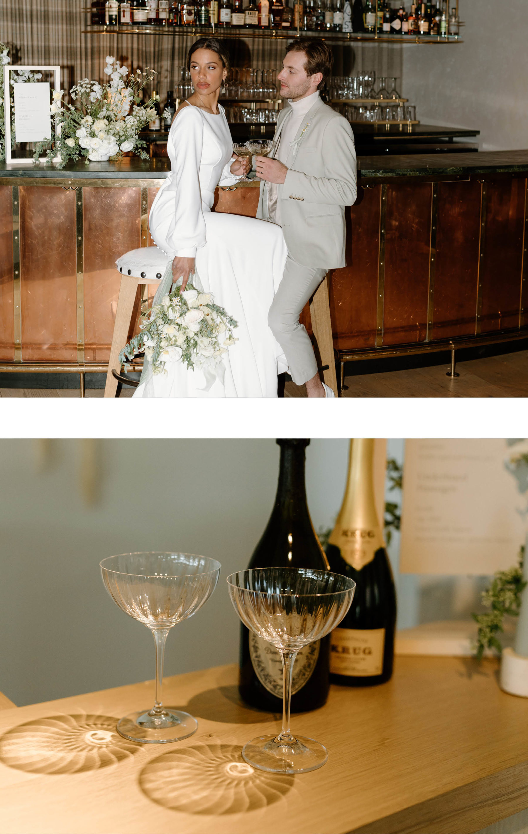 Collage of bride and groom with champagne