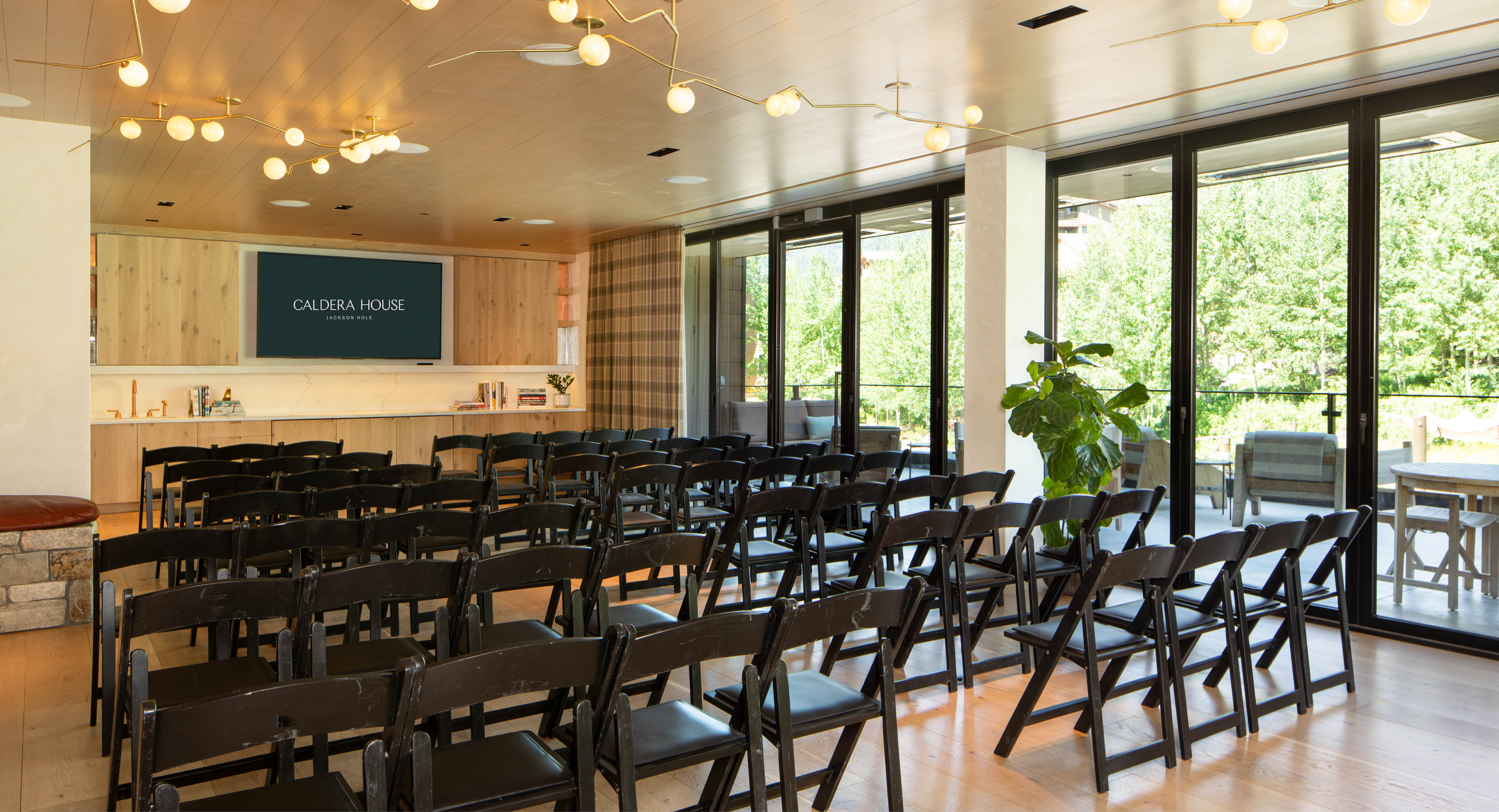 Theatre-style meeting setup at Caldera House, corporate event space Teton Village Wyoming